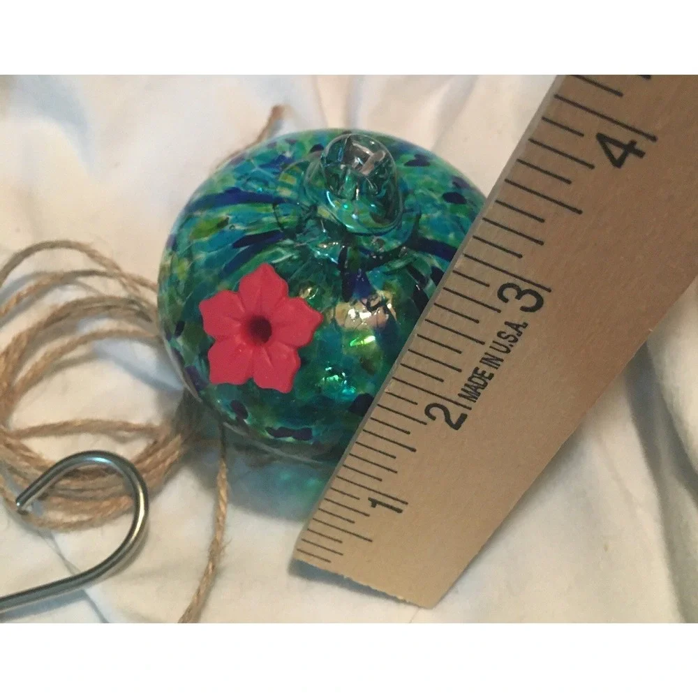 Blue and Green Speckled Hand‎ Blown Art Glass Hummingbird Nectar Feeder & Hanger